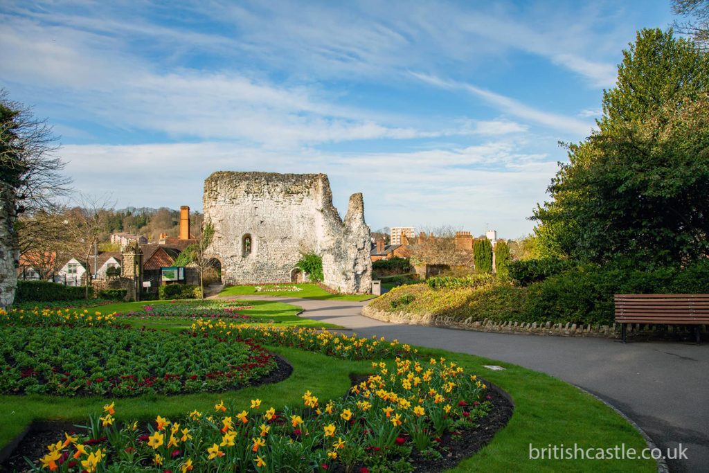 Guildford Castle in spring with daffodils in the foreground