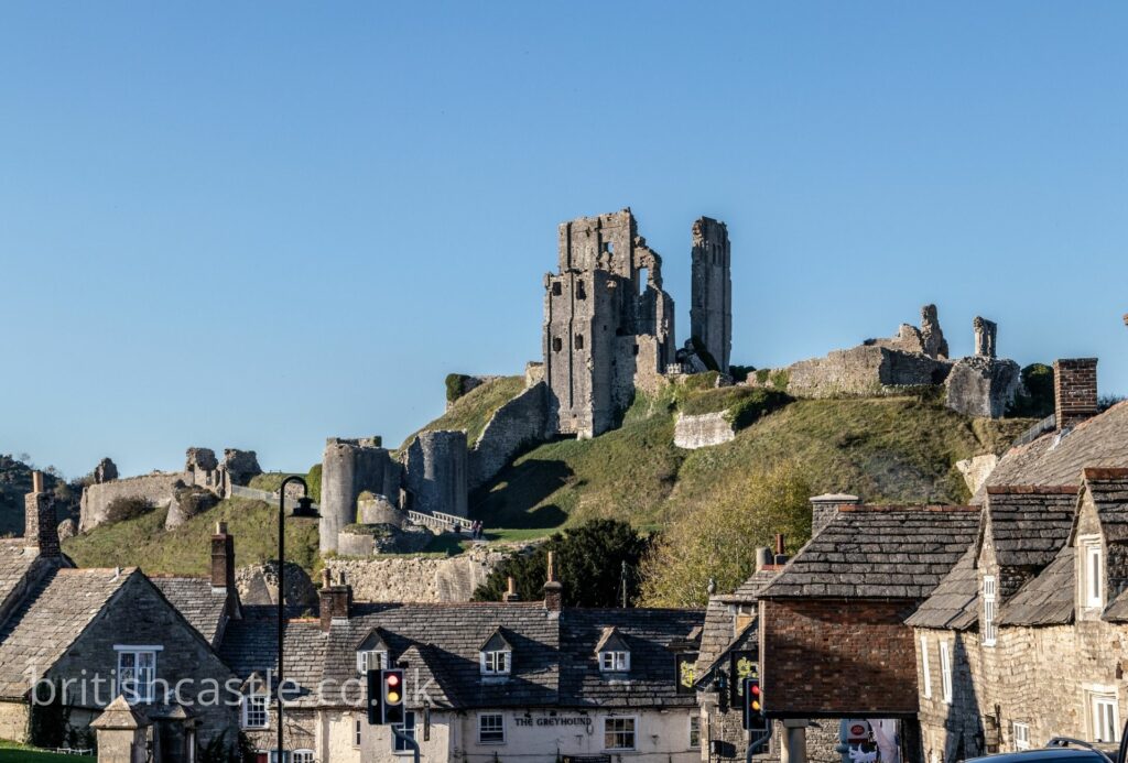Corfe Castle overlooking the neighbouring village